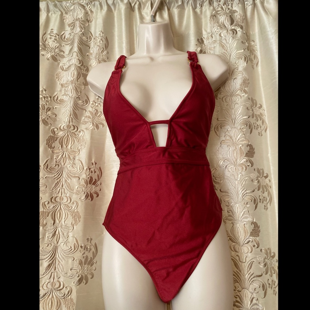 Gorg wine colored deep V gold ring onepiece NWT